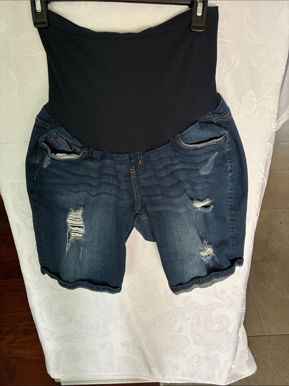 Indigo Blue Dark Blue Maternity Denim Shorts with Distressed Detail
